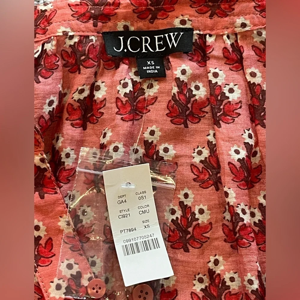 NWT J. Crew Red/Pink Floral Cabana Mini Dress, Long Sleeve, 100% Ramie, XS